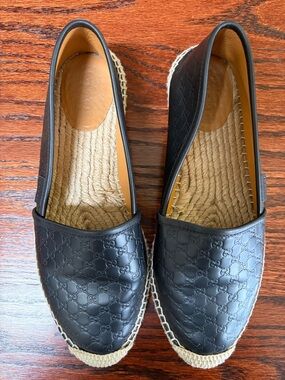 Gucci Black Leather Monogram Espadrille Flats-GENTLY WORN